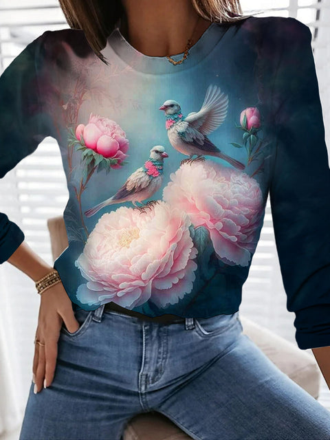 Pink Flower Birds Long Sleeve Casual Top