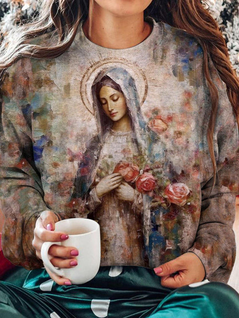 Religious Print Round Neck Long Sleeve Top