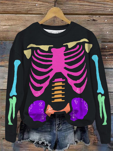 Rainbow Skull Print Round Neck Long Sleeve Top